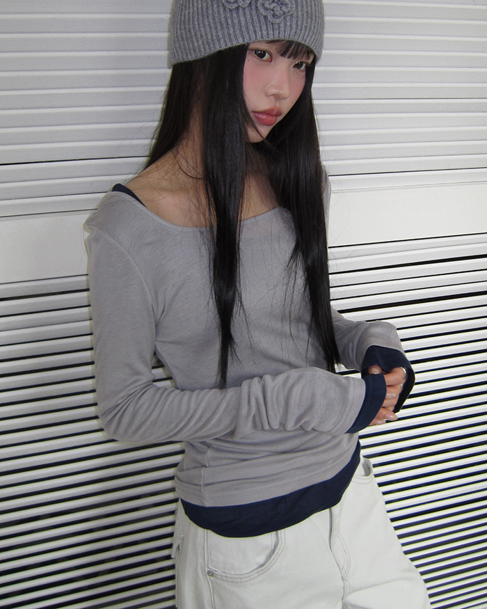 (9 color) スクエアネック レイヤード シアー テンセル Tシャツ