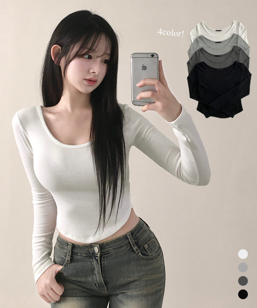 Uネックスパンベーシック無地クロップド長袖Tシャツ | ファッション