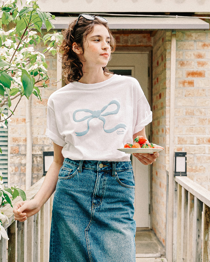 RONRON☆大人気♪EMBO HEART RIBBON BASIC FIT T SHIRT EMBO HEART RIBBON BASIC FIT T SHIRT WHITE BLUE