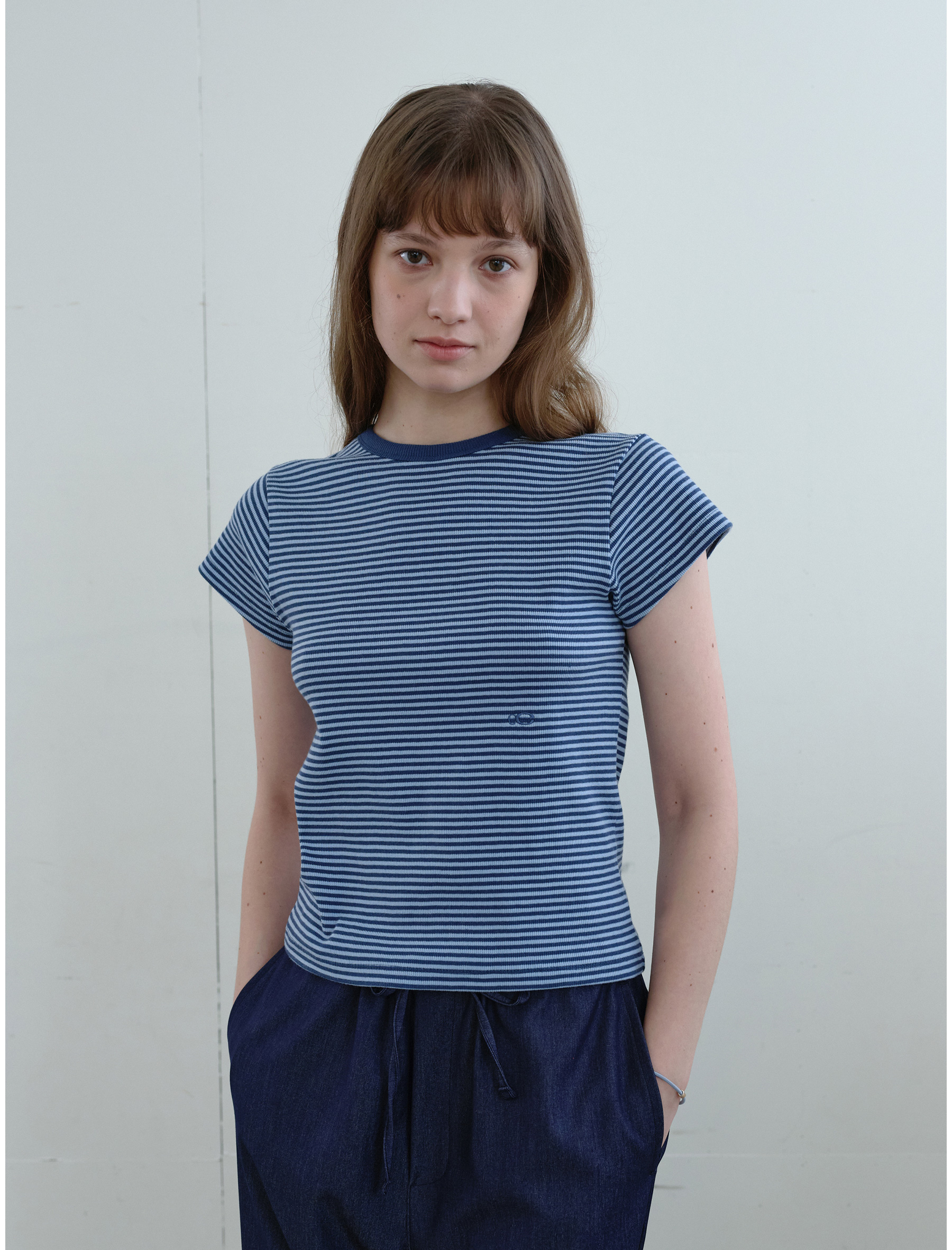 Striped Cap-Sleeve T-shirt (Blue Stripe)