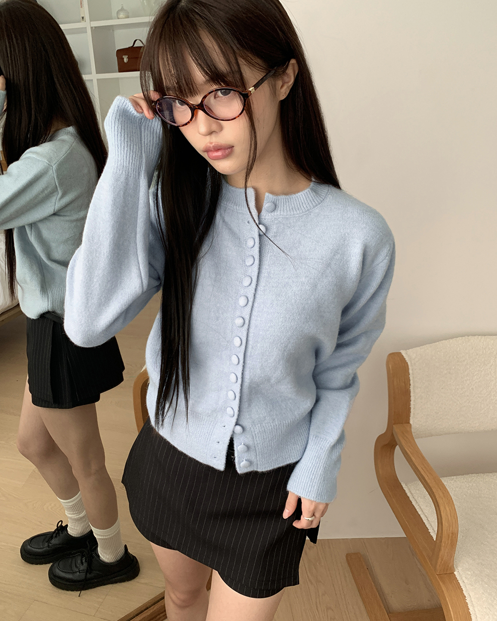 ラウンドネック長袖ニットカーディガン | ファッション通販