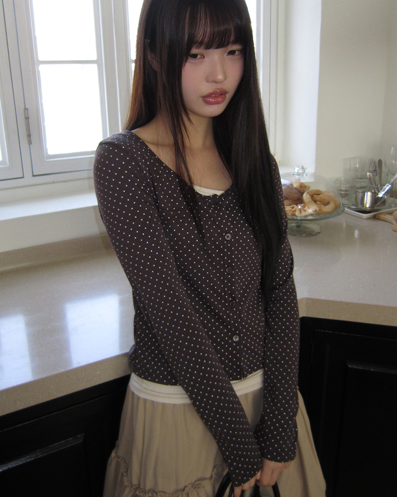 ドット Uネック クロップド カーディガン Tシャツ