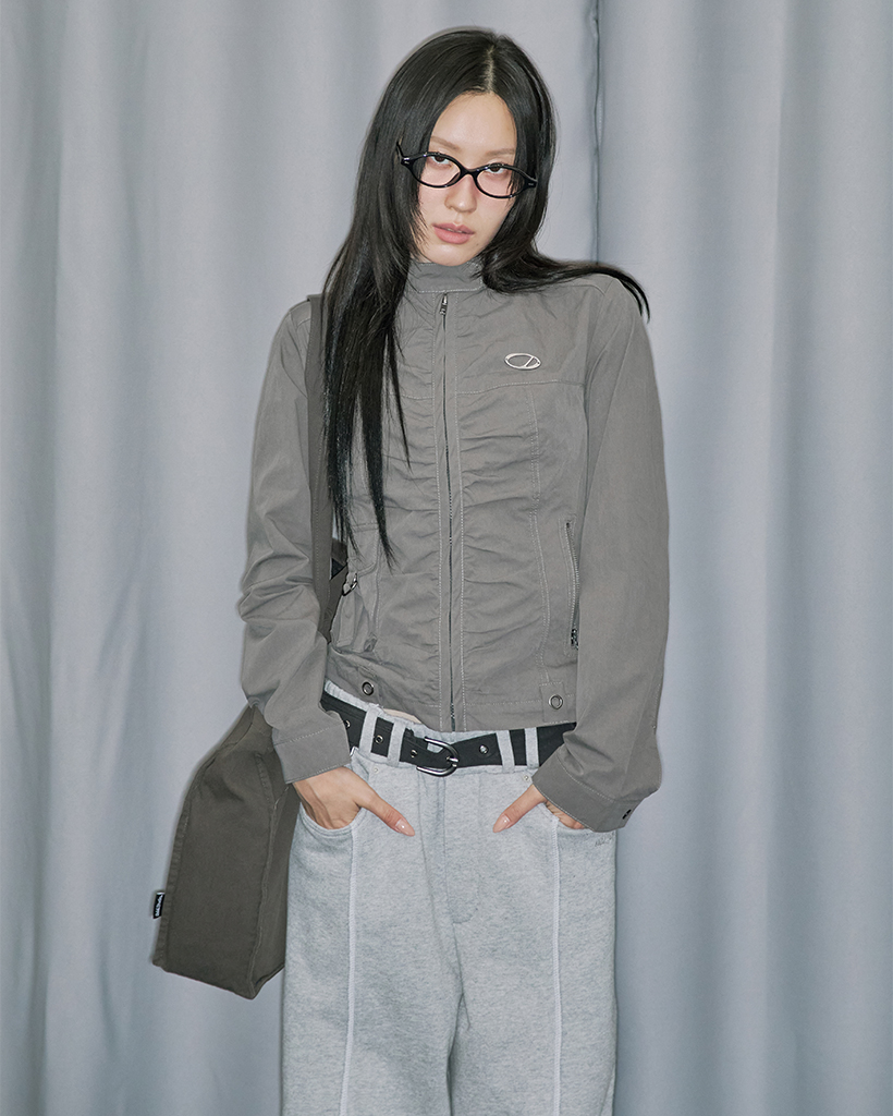 Signature Shirring Cotton Biker Jacket - CHARCOAL