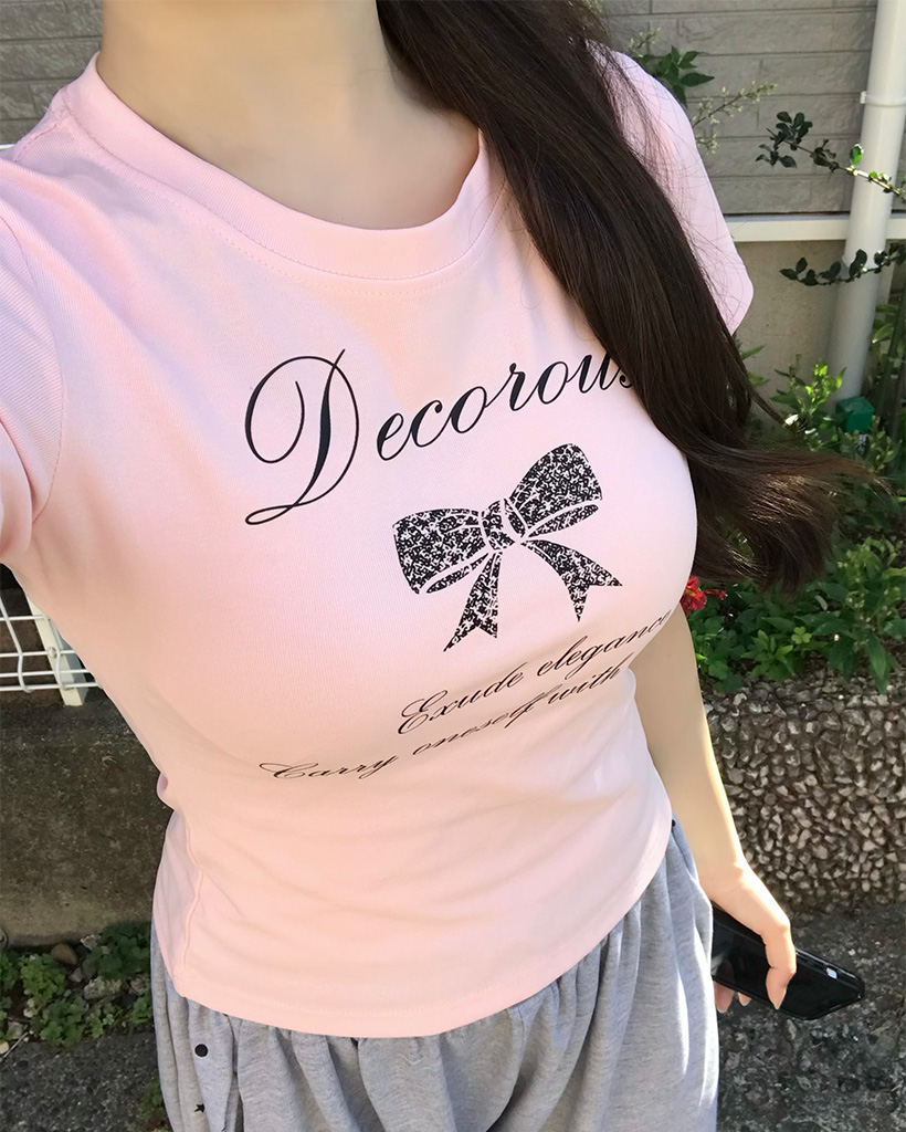 リボンプリンティングクロップショートスリーブTシャツ
