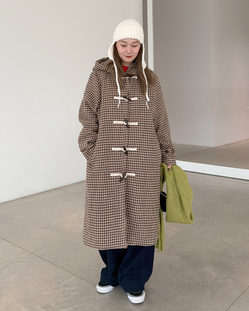 チェックロングダッフルコート