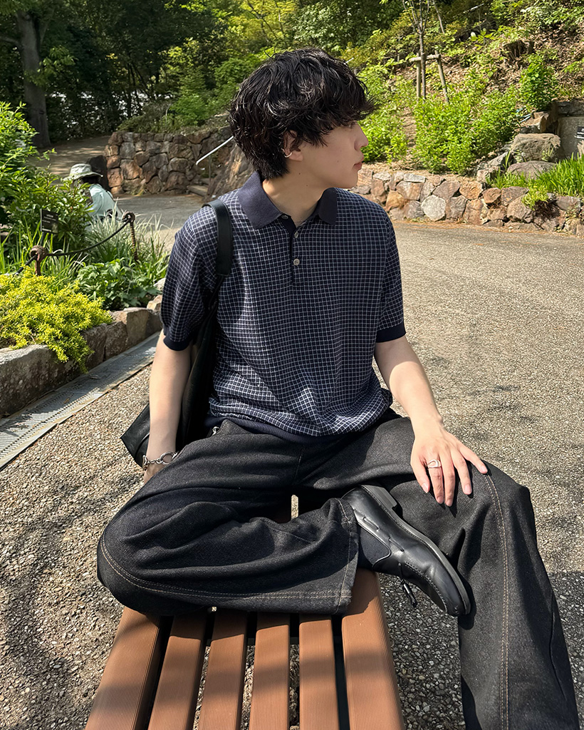 グリッドパターンカラーボタン半袖ニット