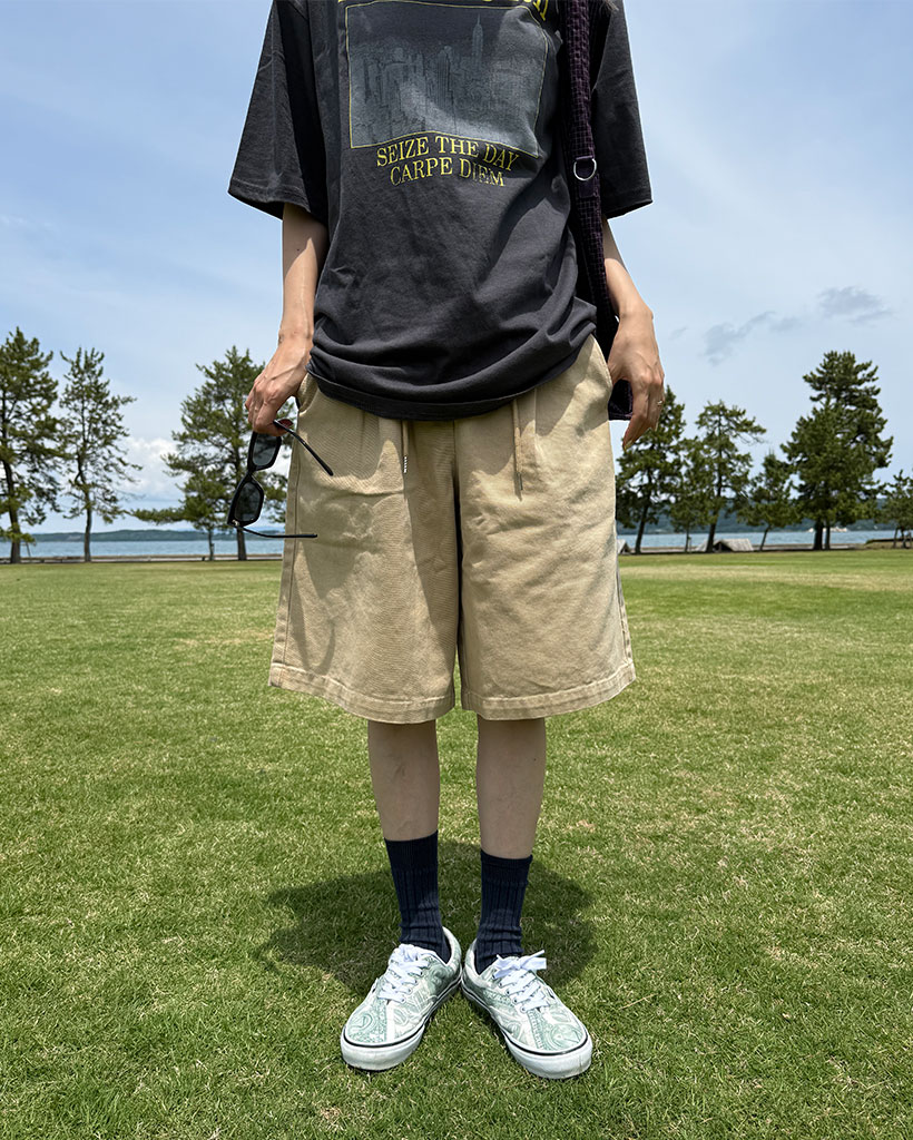 （ユニセックス）ウエストドローコットンワイドハーフパンツ