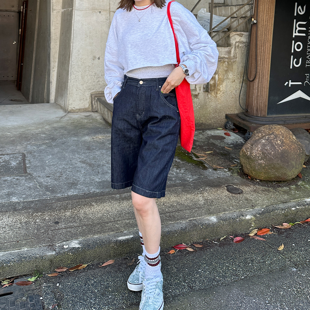 THROW RIPPED HALF DENIM PTハーフデニムパンツ ブラウン ワイドハーフパンツ | ファッション通販サイト NUGU