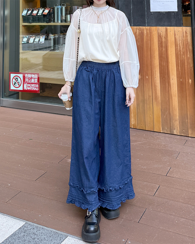 フリルデニムコットンウエストゴムワイドパンツ