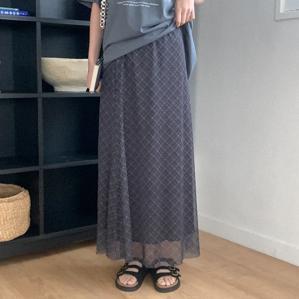 チェックメッシュロングスカート