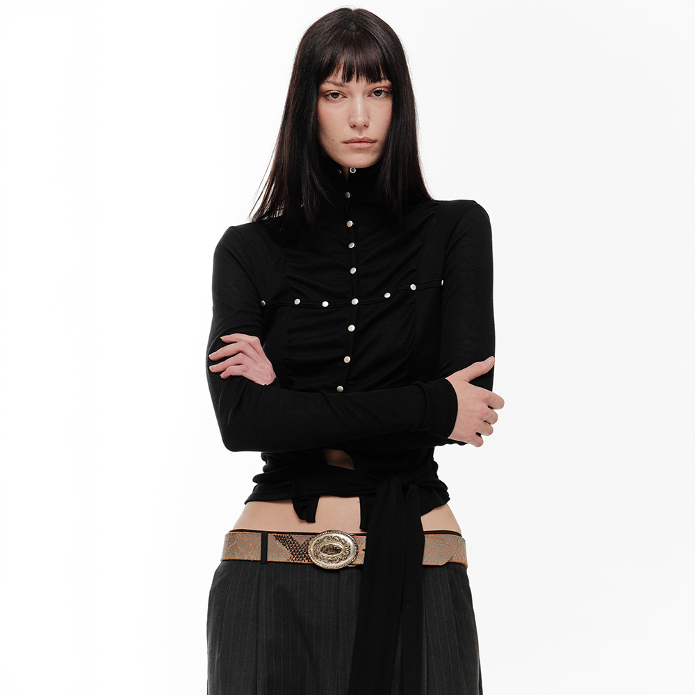 LENA SHIRRING HIGH NECK TOP (BLACK)