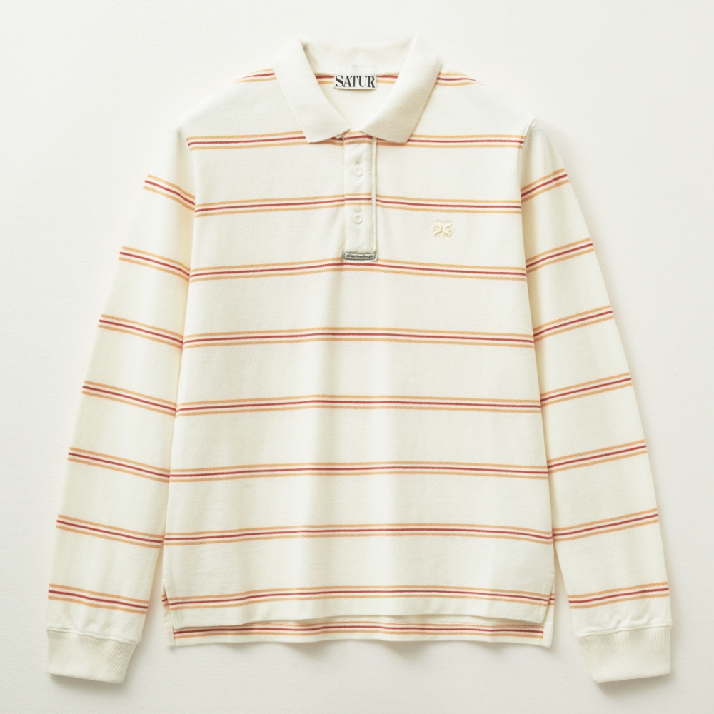 ◆SATUR◆ Striped Pique Polo Long Sleeve Ivory SA243MLS05IV The Vintage Long Sleeve Polo Shirt in BB#4 Stripe Pique Cotton