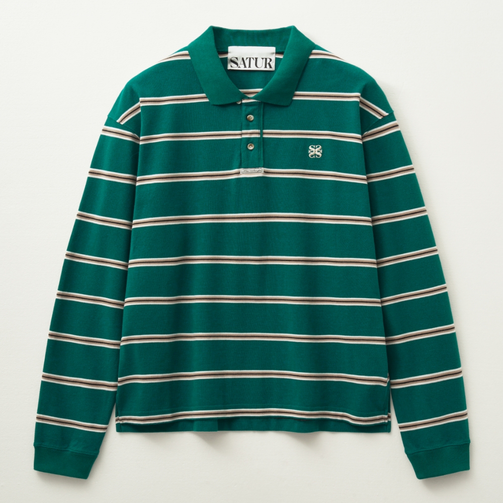 Stripe Pique Polo Long Sleeve - Deep Green