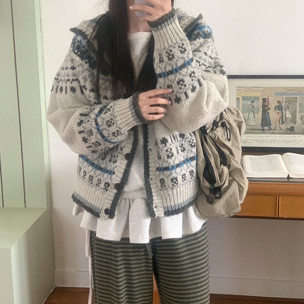 (3color)ノルディックニットフード付きカーディガン