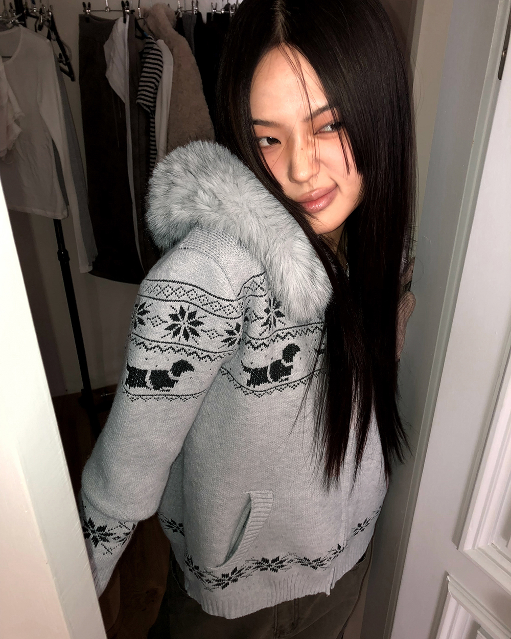 ノルディック柄 裏ボア ニットパーカー