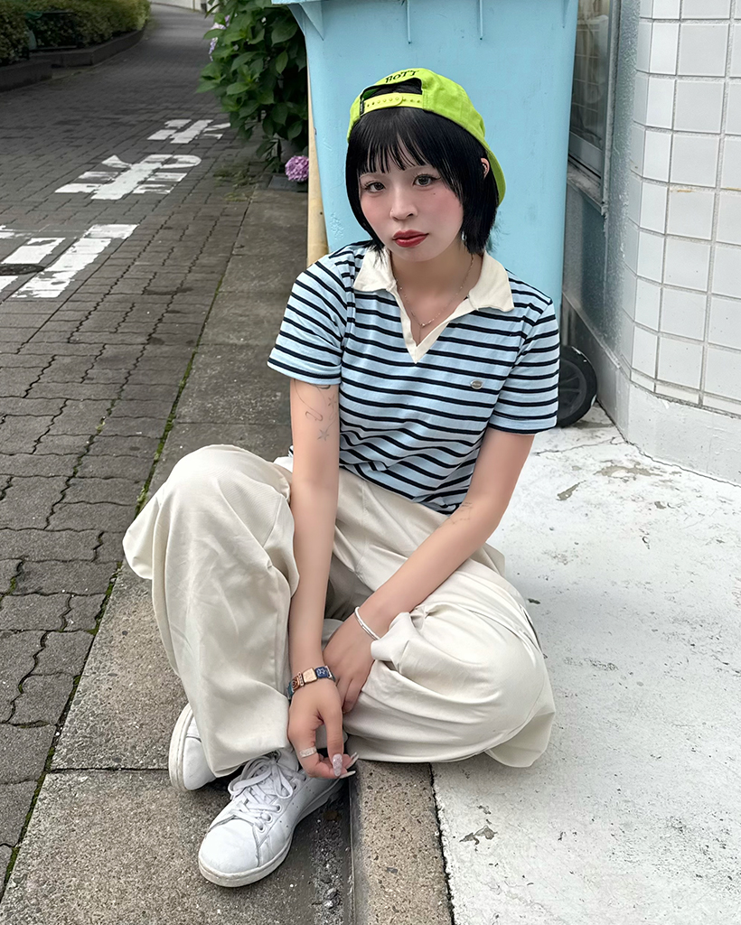 ボーダージョニーカラーハーフスリーブTシャツ