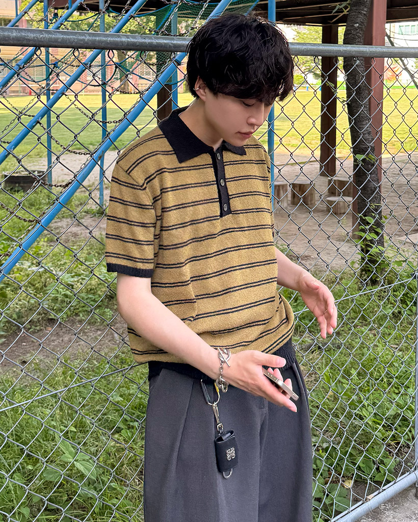 ボーダーブックルバイカラー半袖ニット