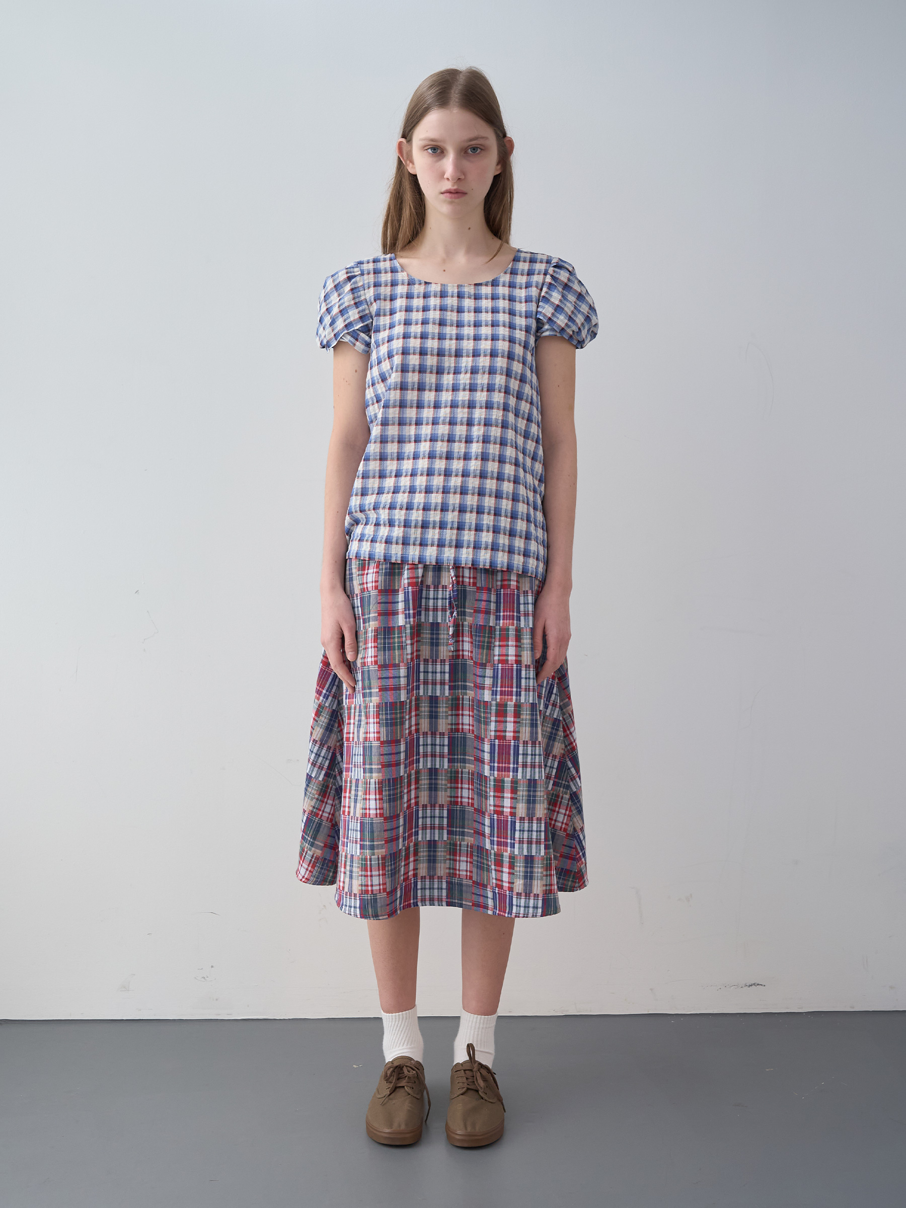 Mixed Checked Banding Skirt (Red)