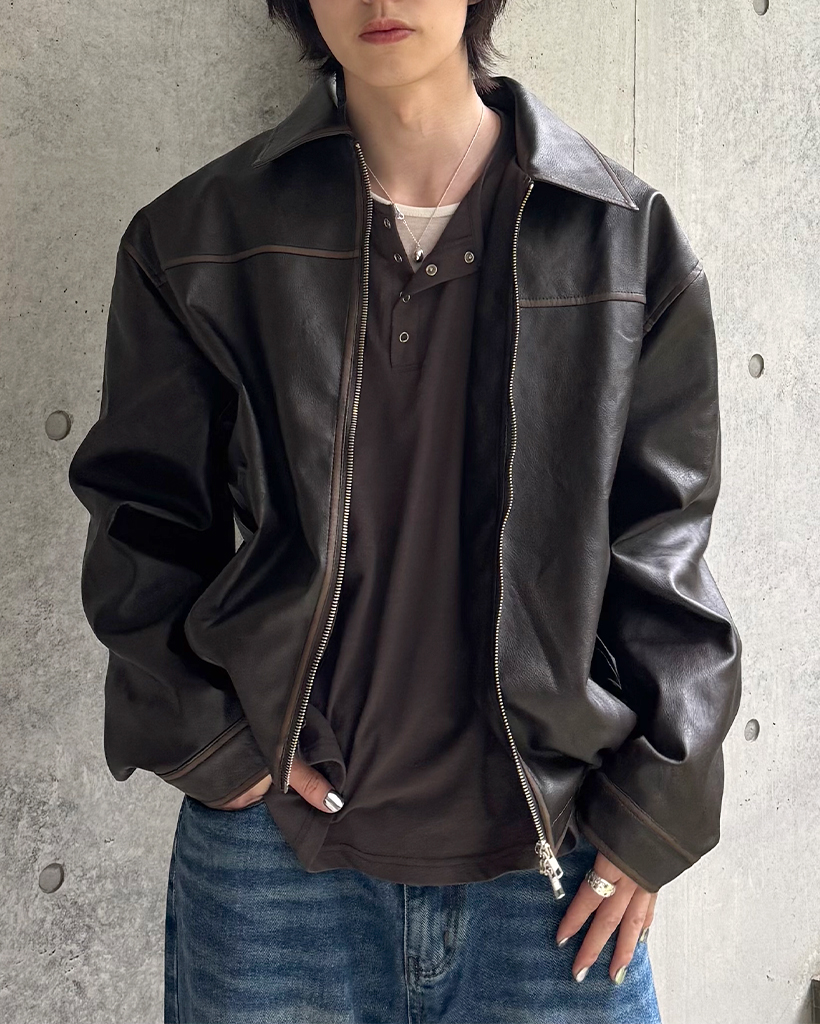 オーバーフィットスリットポイントコラールレザージャケット