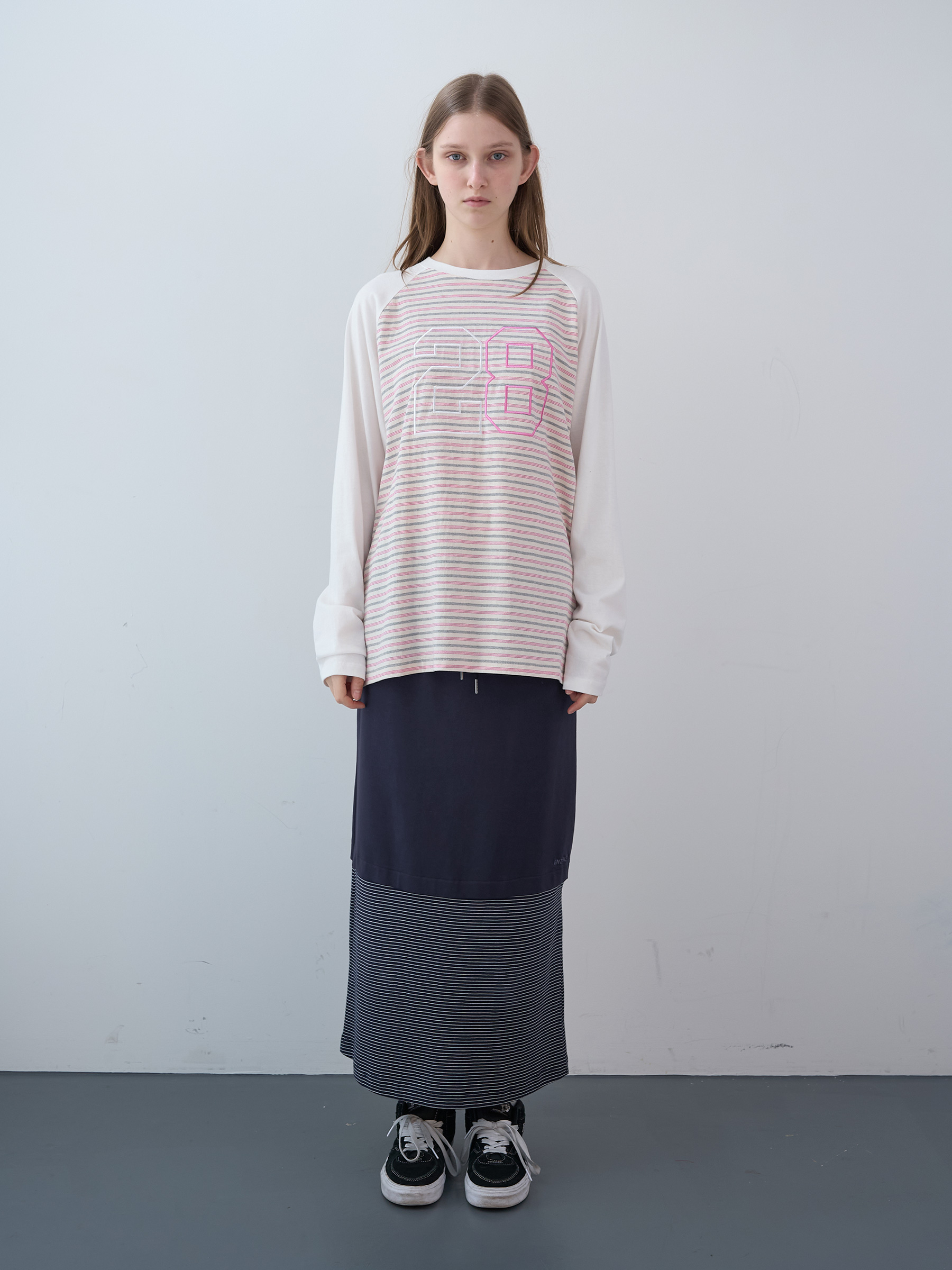 Mixed Striped Long Skirt (Navy)