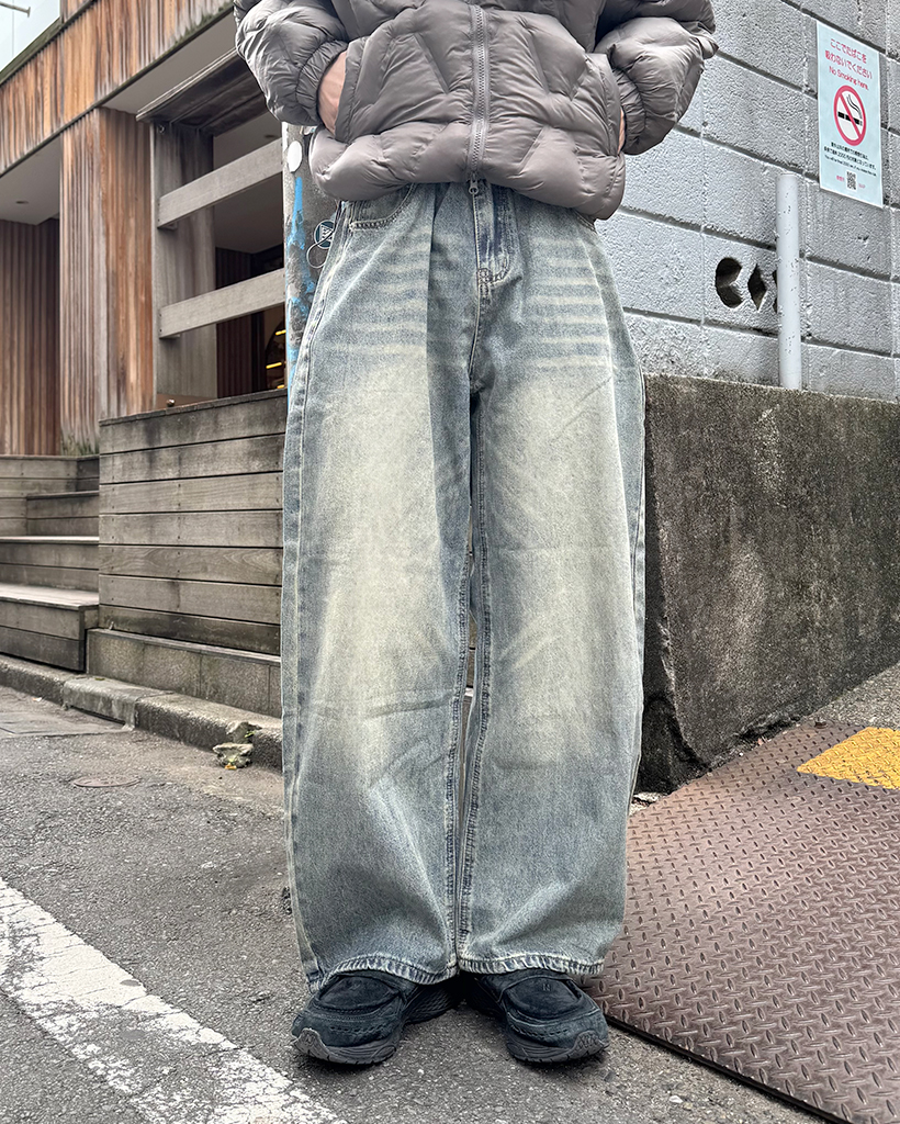 (ユニセックス)ウォッシュバルーンフィットデニムパンツ