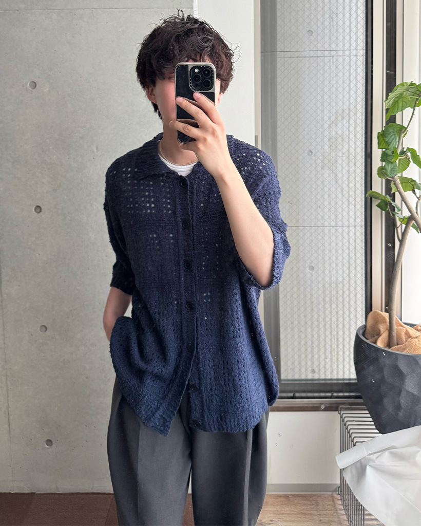 メッシュ編みカラーニット半袖カーディガン