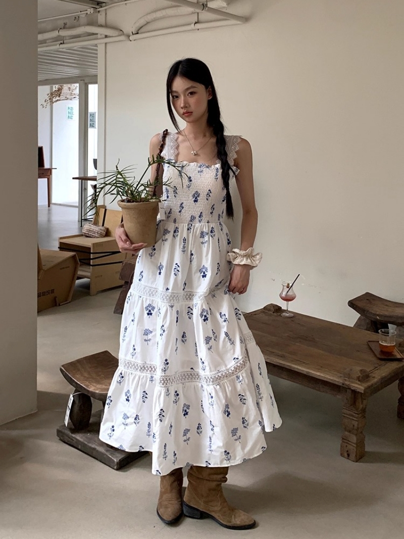 ブルーフラワーコットンロングキャミワンピース | ファッション通販