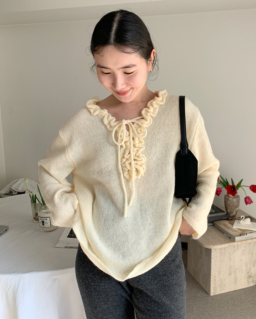 フリルネックリボンレーススリーブニット