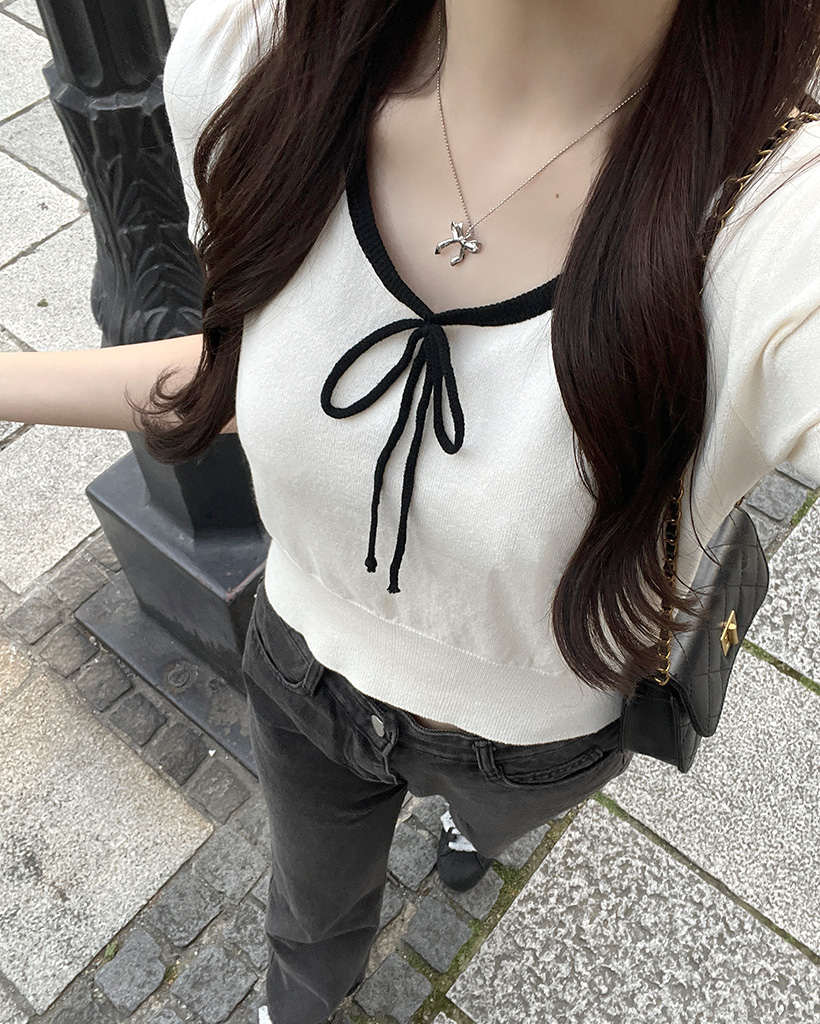 リボンパフ半袖ニット