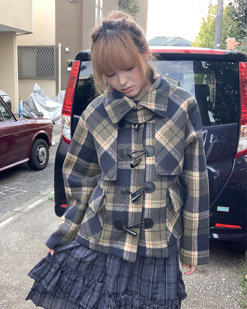 チェックショートダッフルコート