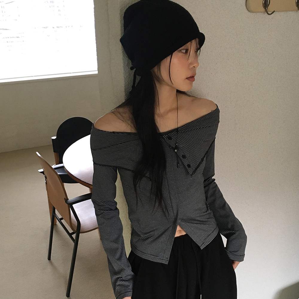ストライプボタンスリットオフショル長袖Tシャツ | ファッション通販