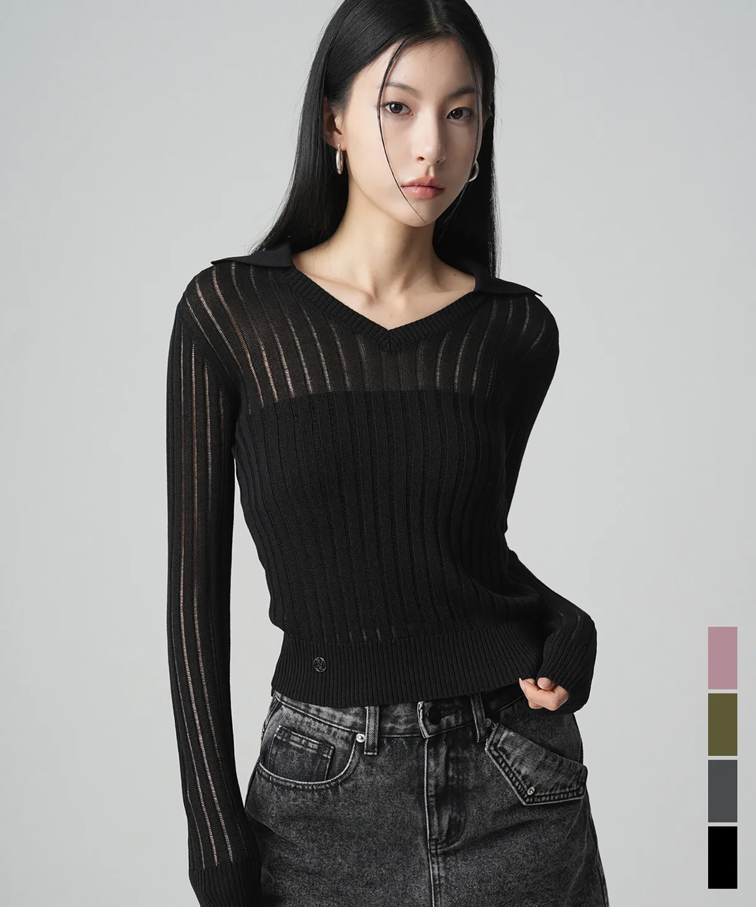 See-through V-neck Collar knit - 4COL