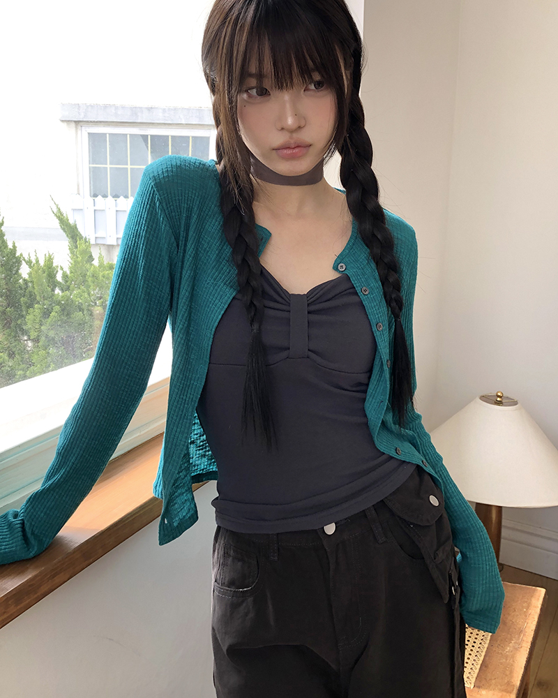 リブラウンドネックロング丈カーディガン