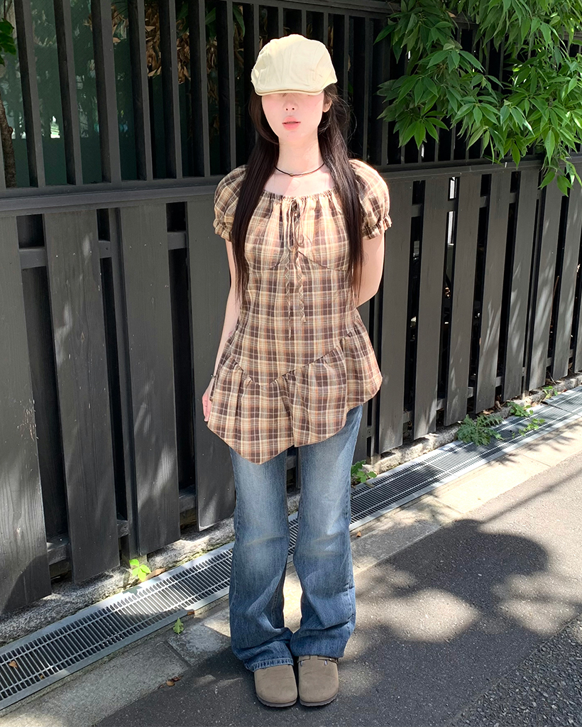 チェックアンバランスパフブラウス
