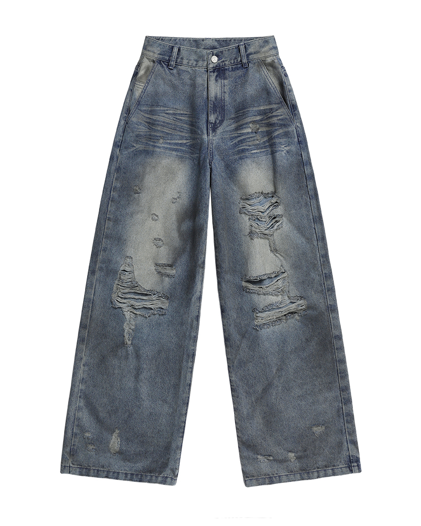 Dirty Washed Destroyed Denim Pants - BLUE | ファッション通販