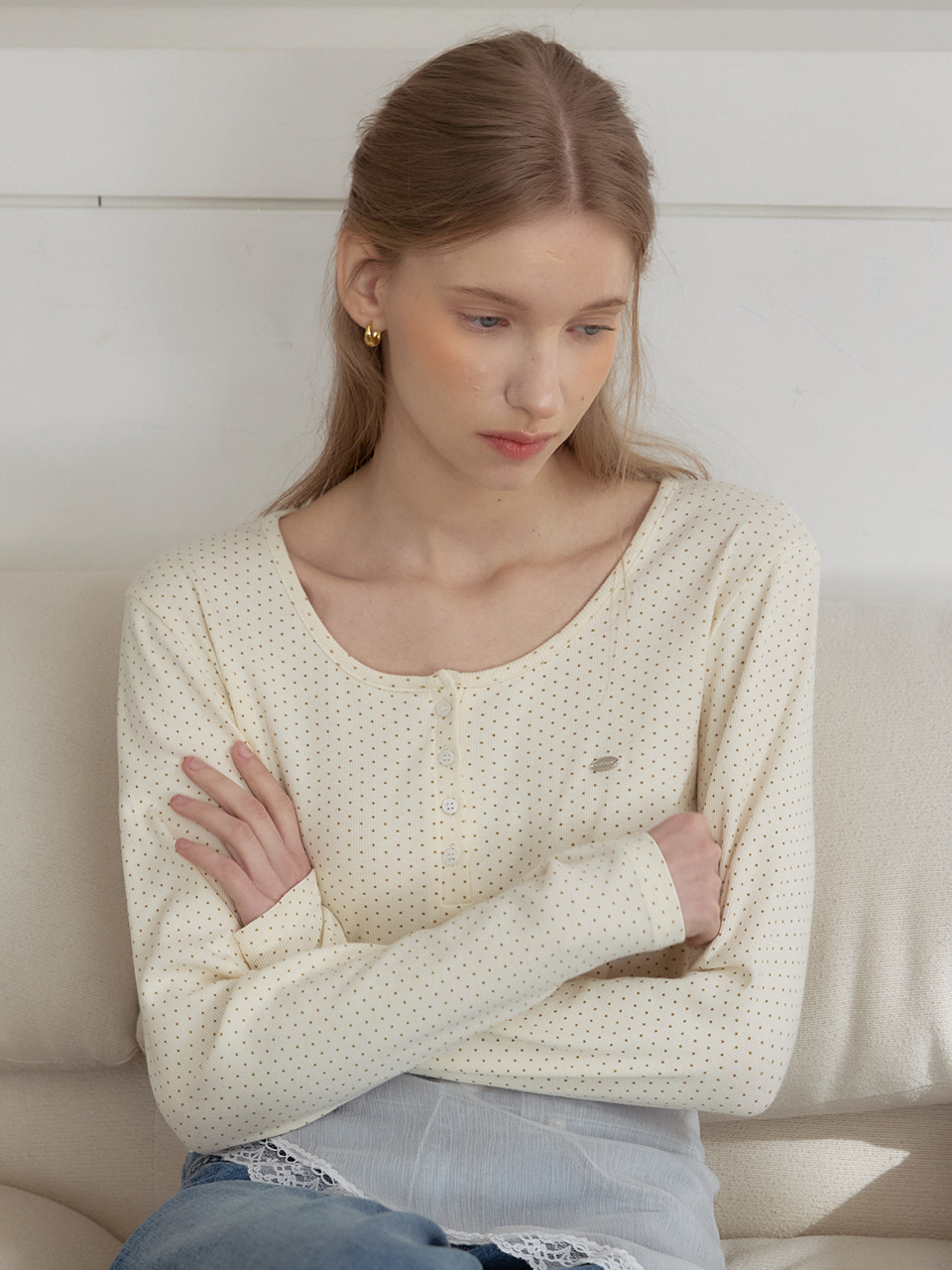 Dot Henley Neck Sleeve T-shirt - Yellow