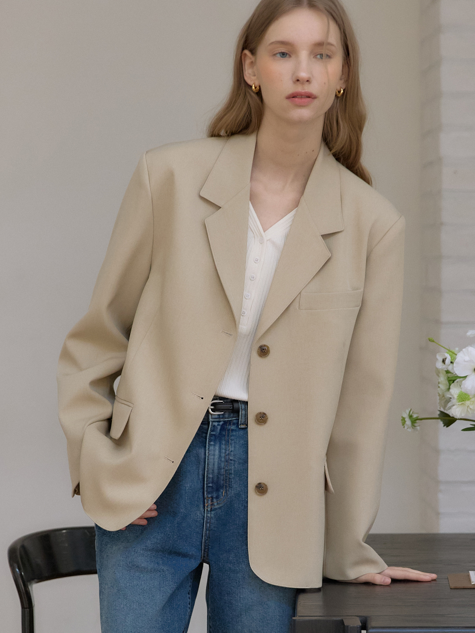 Signature Single Button Jacket - Beige