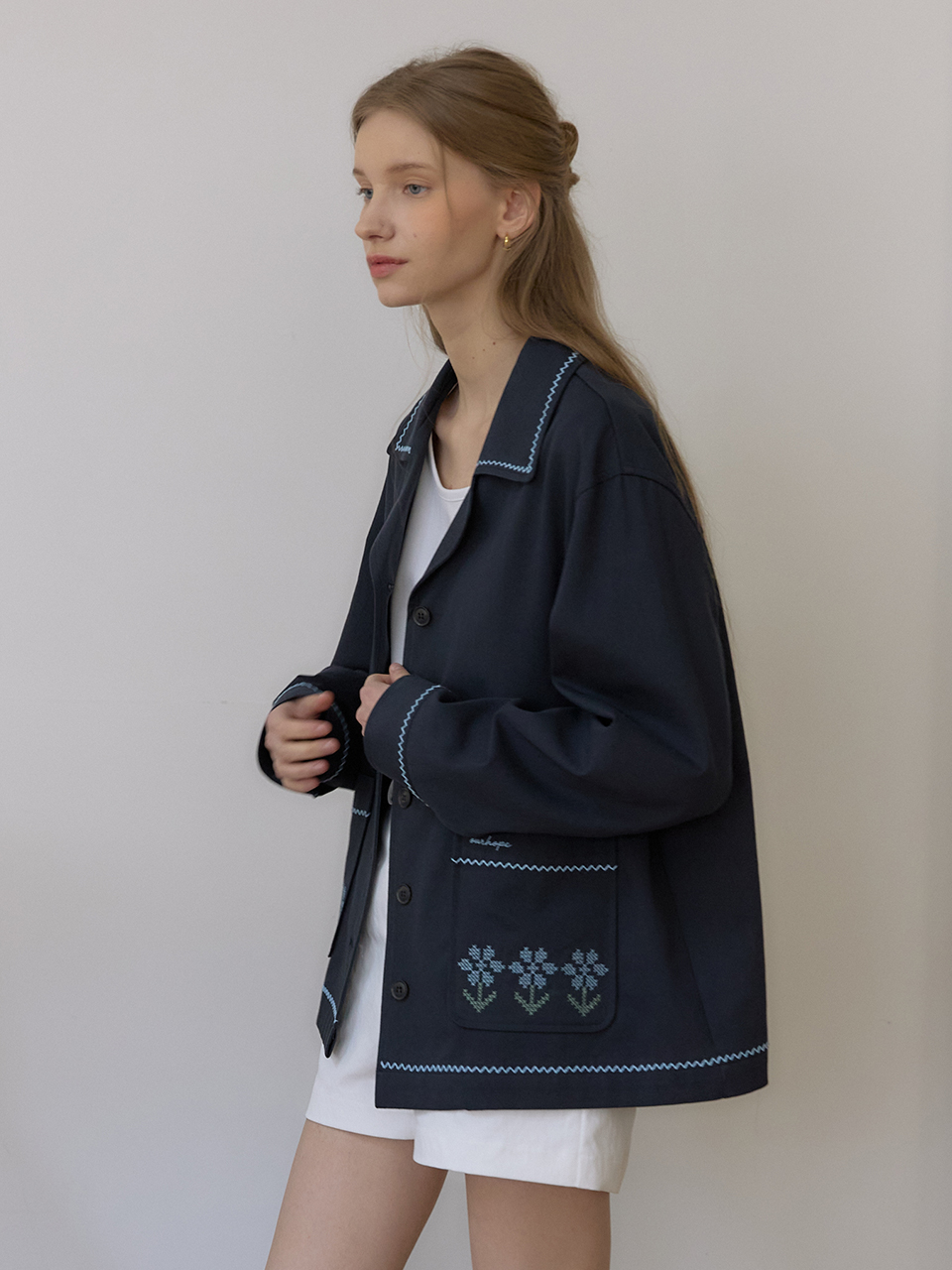 Flora Stitch Cotton Jacket - Navy