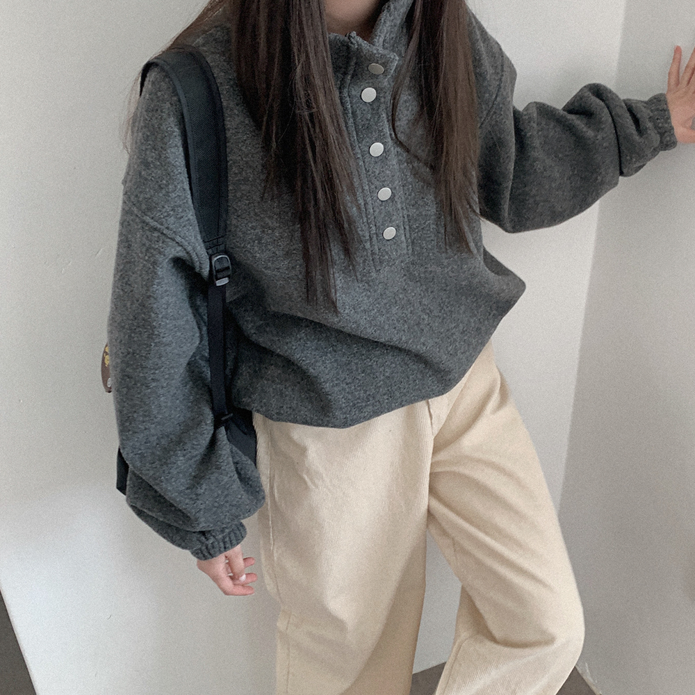 フリース ハイネック ボタン スウェット