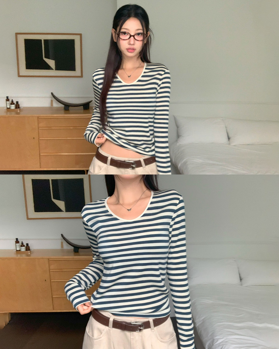 Eden Uネックボーダー長袖Tシャツ