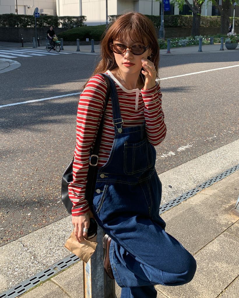 ボーダーヘンリーネックロングTシャツ