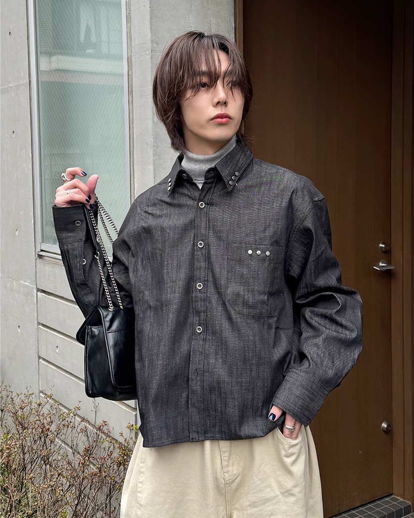 リベットデザインクロップデニムシャツ