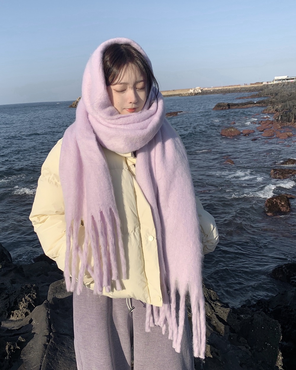 パステルウールビッグサイズ無地マフラー