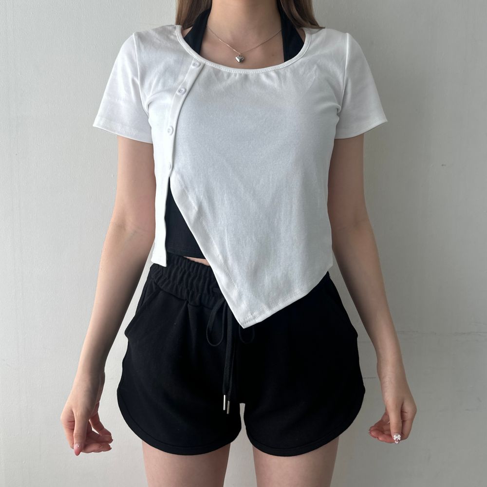 斜めストライプボタンホルタークロップドTシャツ