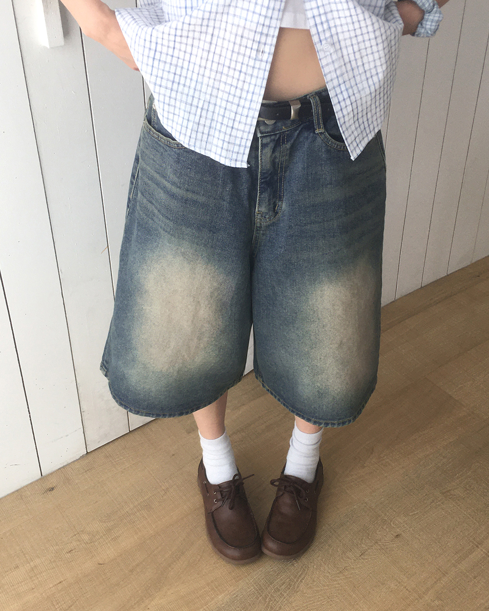 ウォッシュワイドデニムハーフパンツ