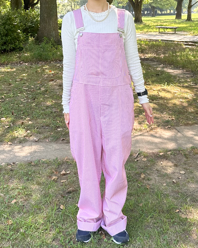 ラベルポイント付きストライプオーバーオール | ファッション通販