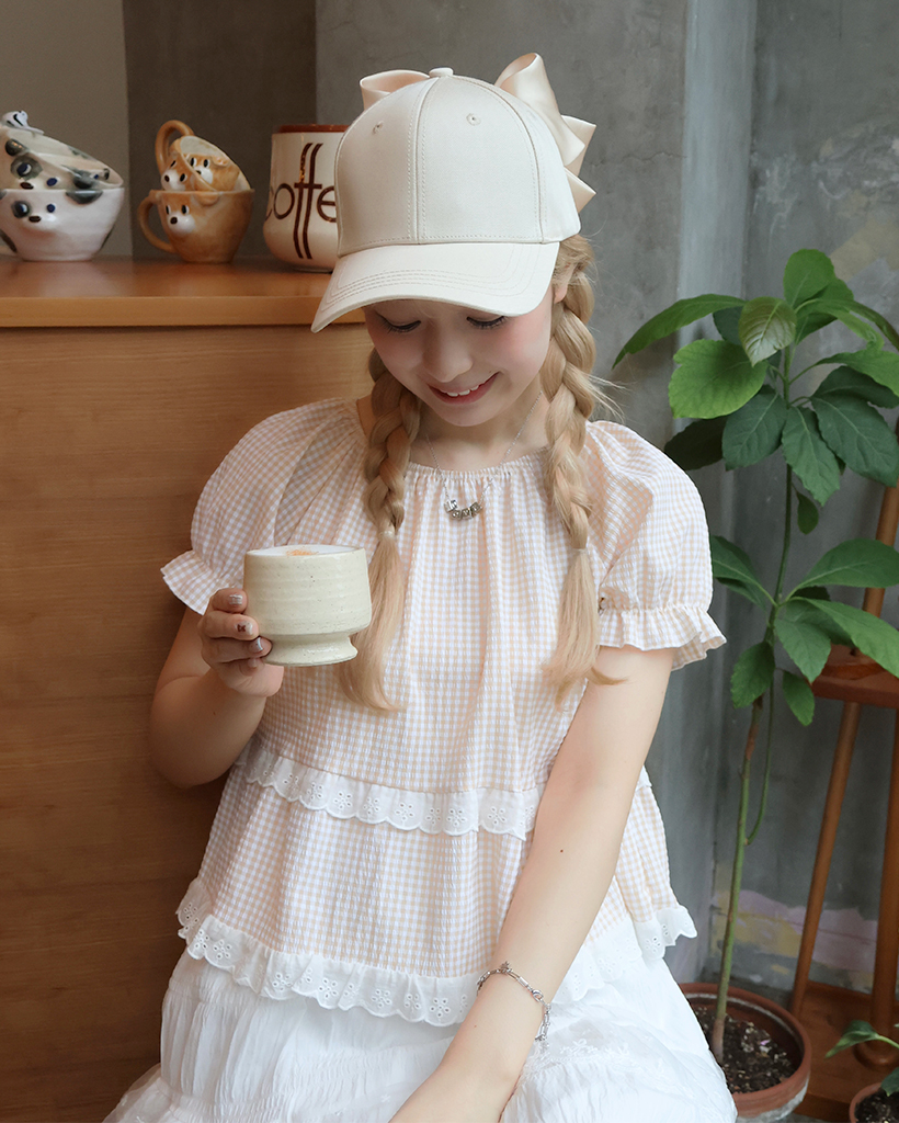 バックリボンストラップレースポイントチェックブラウス