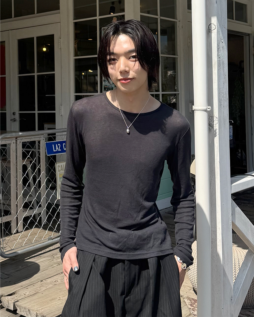 (ユニセックス) ベーシックラウンドネックテンセルロングスリーブTシャツ