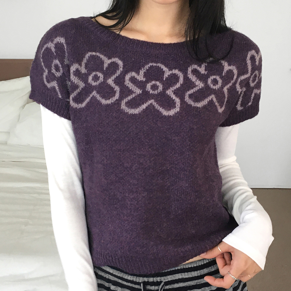 フラワーレイヤード半袖ニット | ファッション通販サイト NUGU