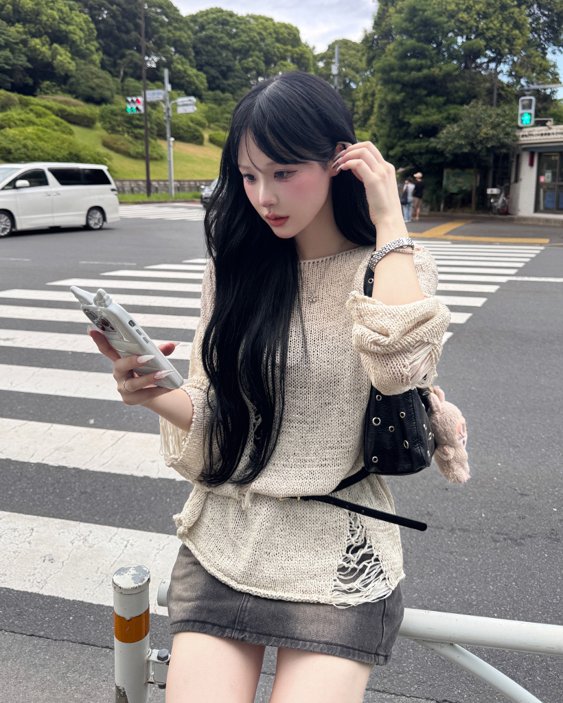 NUMBER NINE 長袖ニット ダークグレー　メッシュ miniministore メッシュニット 透かし編みトップス 長袖